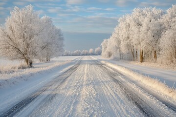 Fototapeta premium Winter Wonderland Road: A Scenic Drive Through Snow-Covered Trees and a Serene Winter Landscape