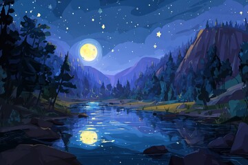 Obraz premium Night river in mountain valley. Vector cartoon illustration of beautiful dark scenery, forest trees on hills, full moon reflection on water surface, stars glowing in midnight sky.