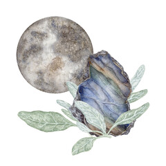 Moon Magic – Watercolor Labradorite Crystal with New Moon and Sage. Mystical watercolor illustration. Designed for spiritual collections, celestial graphics, and moon ritual decor