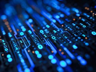 Futuristic digital circuit board with glowing blue and orange lights