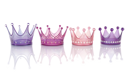 Collection of elegant crowns in various shades of pink and purple displayed on a reflective surface against a dark background