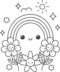 Cute kawaii rainbow coloring page for kids, black and white vector illustration of smiling rainbow, cartoon-style line art, fun printable worksheet for children’s creative coloring activities