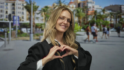Fototapeta premium Woman elegantly shapes hands into a heart gesture on a city street as a judge in uniform with blonde hair appears young outdoors smiling.