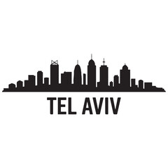 Fototapeta premium Panoramic View of Downtown Tel Aviv Skyline. Tel Aviv city black silhouette skyscrapers and buildings. Long cityscape. Vector black silhouette. with white background