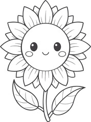 Cute sunflower kawaii coloring page for kids, black and white vector illustration of smiling flower, cartoon-style floral line art, fun printable worksheet for children’s coloring activities