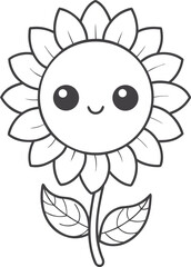 Cute sunflower kawaii coloring page for kids, black and white vector illustration of smiling flower, cartoon-style floral line art, fun printable worksheet for children’s coloring activities