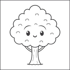 Cute kawaii tree coloring page for kids, black and white vector illustration of smiling tree, fun nature-themed doodle worksheet for children, line art cartoon for activity book