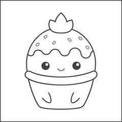 Cute kawaii dessert coloring page for kids, black and white line art of smiling cupcakes, donuts, and sweet treats, fun dessert-themed activity book illustration for children