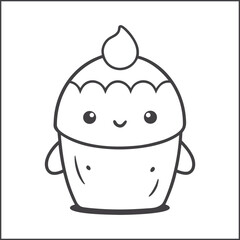 Cute kawaii dessert coloring page for kids, black and white line art of smiling cupcakes, donuts, and sweet treats, fun dessert-themed activity book illustration for children