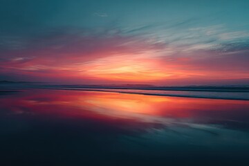 Red Sunset Over Calm Ocean Water Minimalist Landscape.