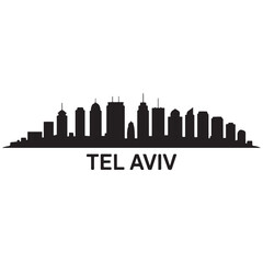 Obraz premium Panoramic View of Downtown Tel Aviv Skyline. Tel Aviv city black silhouette skyscrapers and buildings. Long cityscape. Vector black silhouette. with white background