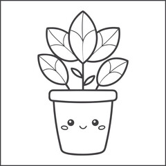 Cute kawaii potted plant fun coloring page for kids, black and white line art of happy smiling flower pots, doodle-style cartoon indoor plants for children's activity book, vector illustration