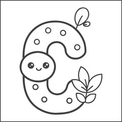 Cute alphabet coloring page for kids, kawaii-style letters with smiling faces, black and white line art, educational and fun printable worksheet for children’s coloring book, vector illustration
