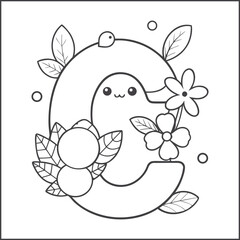 Cute alphabet coloring page for kids, kawaii-style letters with smiling faces, black and white line art, educational and fun printable worksheet for children’s coloring book, vector illustration