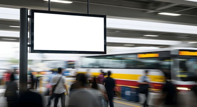 Static Blank Screen Amidst the Dynamic Blur of a Bustling Urban Bus Terminal mockup