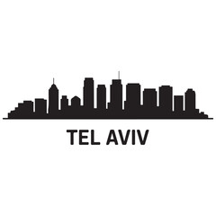 Fototapeta premium Panoramic View of Downtown Tel Aviv Skyline. Tel Aviv city black silhouette skyscrapers and buildings. Long cityscape. Vector black silhouette. with white background
