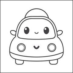 Kawaii car coloring page, cute cartoon vehicle for kids, smiling automobile illustration in black and white, fun doodle line art for children's printable coloring book activity, vector drawing