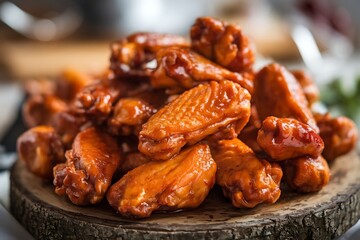 Pile of Glazed Chicken Wings on Wooden Board buffalo wings