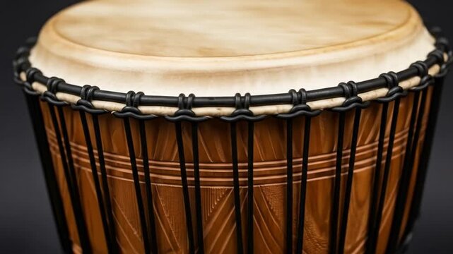Close-up of a traditional djembe drum with intricate carvings