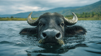 Obraz premium A water buffalo swimming in the river, a close-up shot of its head with horns and ears sticking out above the blue waters