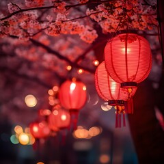 Red lanterns hanging from a blooming tree illuminated at night creating a festive atmosphere outdoors