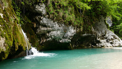 Fototapeta premium Explore the stunning soca river slovenia with waterfall and turquoise water scenery view