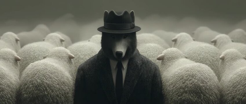 The concept of the corporate world with a wolf in a suit amid sheep
