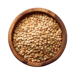 Fototapeta premium Top view of a wooden bowl filled with dried green lentils isolated on transparent background