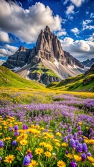 Fototapeta premium A high-altitude alpine field covered in vibrant purple and yellow wildflowers, with dramatic rocky peaks in the background
