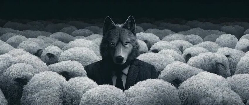 The concept of the corporate world with a wolf in a suit amid sheep