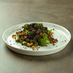 Vegan Chef Cooking Photography - Sizzling Plant-Based Gluten-Free Food with Seasonal Veggies & Black Quinoa and Zucchini Salad in Professional Kitchen - Sustainable Cuisine