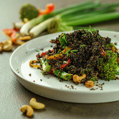 Vegan Chef Cooking Photography - Sizzling Plant-Based Gluten-Free Food with Seasonal Veggies & Black Quinoa and Zucchini Salad in Professional Kitchen - Sustainable Cuisine