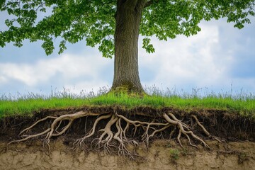 Expansive Tree Root System Beneath Green Grassy Hill with Cloudy Sky Backdrop on Display