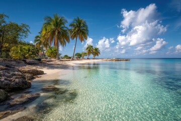 Serene beach scene with crystal clear turquoise water gently lapping against white sandy shore, flanked by lush palm trees under a bright blue sky with fluffy clouds.
