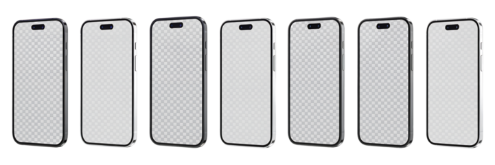 Collection of Seven Smartphones with Transparent Grid Displays on a Black Background mobile phone isolated on a transparent background