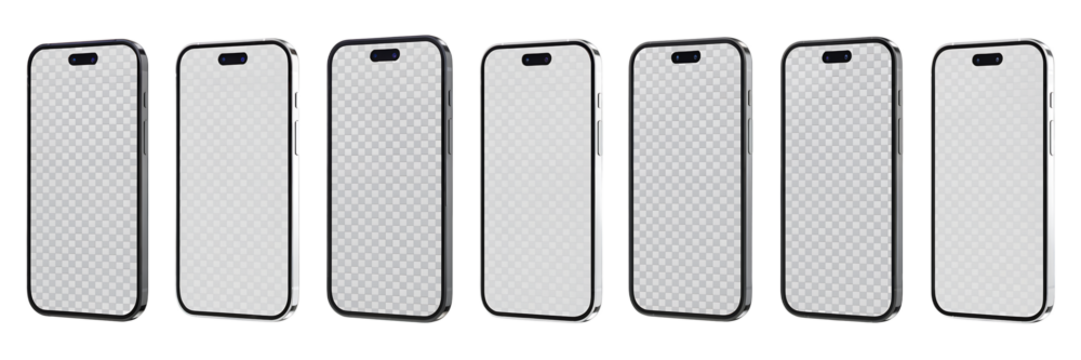 Collection of Seven Smartphones with Transparent Grid Displays on a Black Background mobile phone isolated on a transparent background