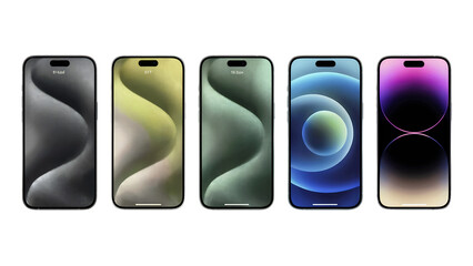 Five Smartphones Displaying Diverse Abstract Wallpapers and Screen Designs mobile phone isolated on a transparent background