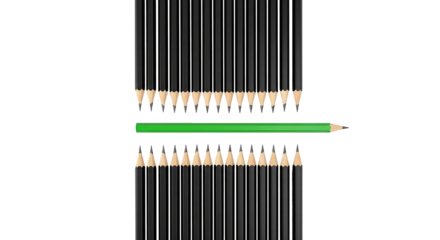 Green Pencil Breaking the Pattern Among Black Pencils on transparent Background