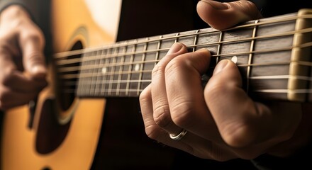 Close up of hands playing an acoustic guitar showing fingers pressing down on the guitar strings