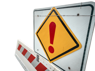 Road Closed Warning Sign: Red Exclamation Mark on Yellow Diamond with Barrier