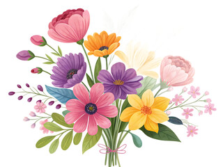 Colorful floral bouquet arrangement with pink purple orange and yellow flowers on a black background perfect for invitations and greeting cards