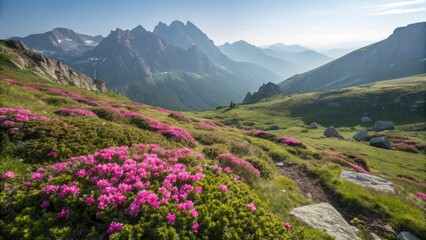 A high-altitude meadow covered in blooming pink rhododendrons, surrounded by jagged mountain peaks. The crisp, clear air and bright sunshine emphasize the fresh, untouched beauty of the landscape