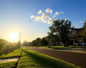 Naklejka premium Golden Hour Serenity: Suburban Streetscape at Dawn