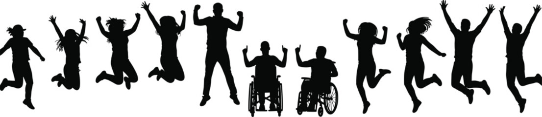Diverse, group, jumping, celebrating, inclusion, wheelchair, silhouette, unity, joy, happiness, freedom, movement