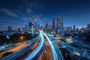 Fototapeta premium Smart City and Big Data Connection Technology with Digital Cables and City Skyline.