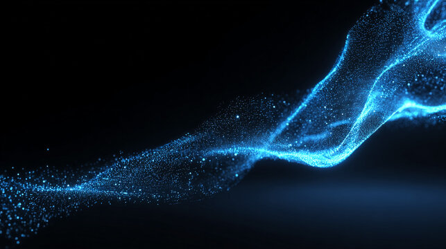 Abstract blue digital particles wave on a black background, a technology and science concept