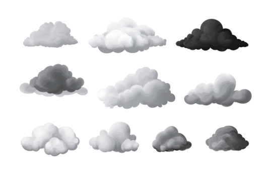 A collection of twelve stylized clouds in varying shades of gray and black