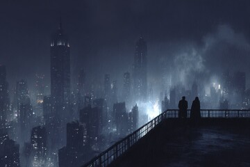 Somber dystopian gotham city at night. city at night. illustration. Dystopian. Illustration.