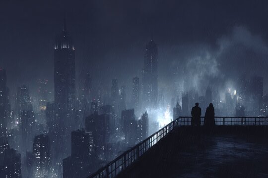 Somber dystopian gotham city at night. city at night. illustration. Dystopian. Illustration.