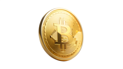 Closeup of a golden bitcoin coin isolated on transparent background